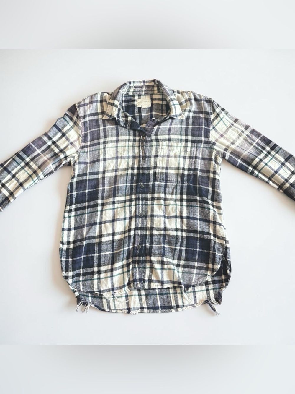 American Eagle Plaid Flannel Shirt Womens S Oversized Fit Blue Purple White
